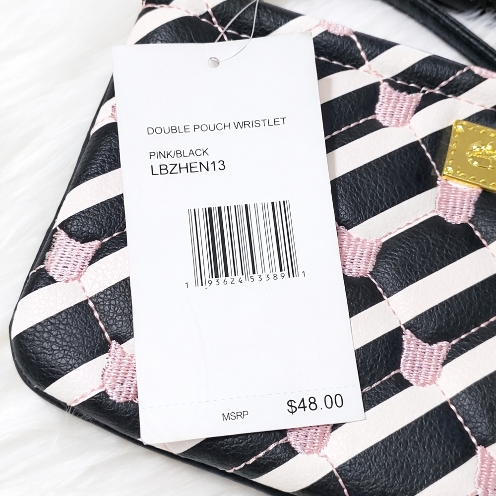 Betsey Johnson Double Pouch Wristlet Wallet Cats Black White Stripes New w/ Tags - Picture 16 of 16